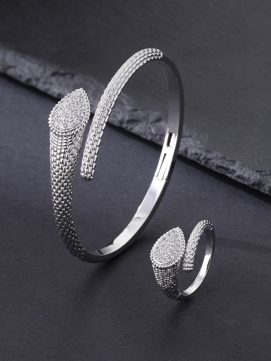 Silver Snake Zircon Bangle and Ring Set