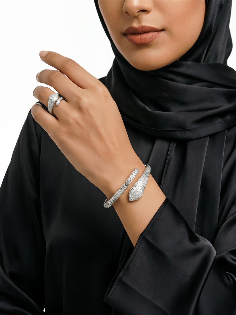 Silver Snake Zircon Bangle and Ring Set
