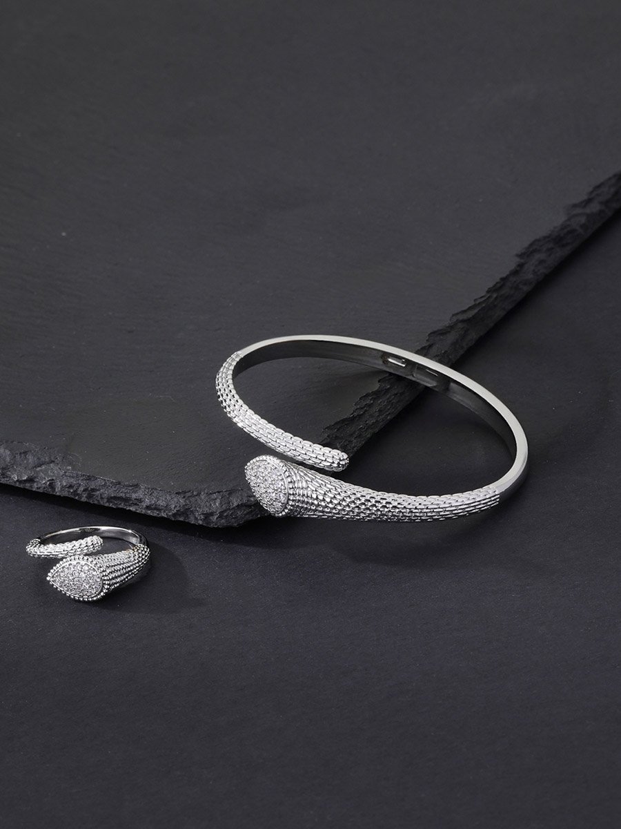 Silver Snake Zircon Bangle and Ring Set