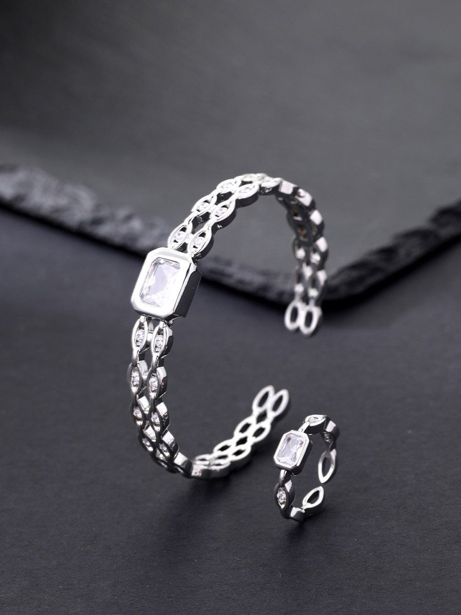 Silver Zircon Bangle and Ring Set