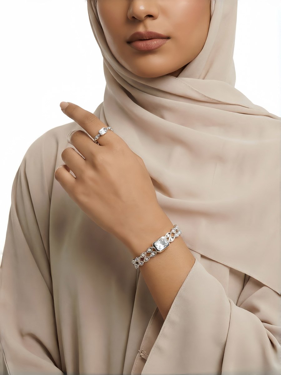 Silver Zircon Bangle and Ring Set