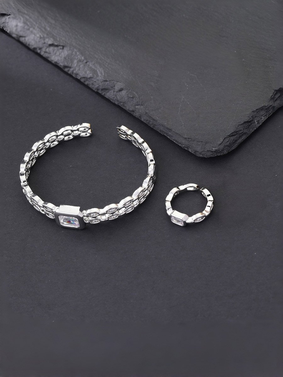Silver Zircon Bangle and Ring Set
