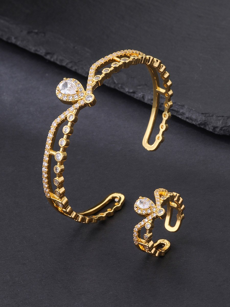 Gold-Plated Zircon Open Bracelet and Ring Set