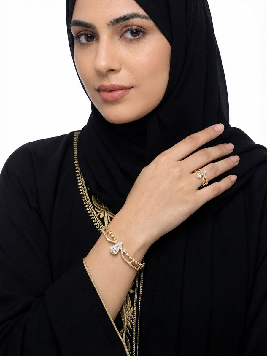 Gold-Plated Zircon Open Bracelet and Ring Set