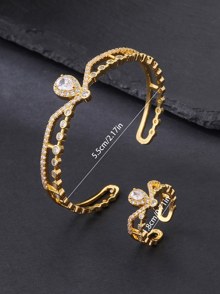 Gold-Plated Zircon Open Bracelet and Ring Set