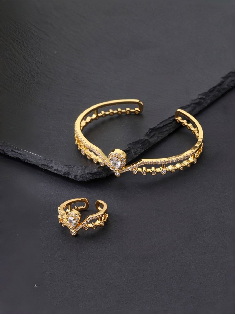 Gold-Plated Zircon Open Bracelet and Ring Set