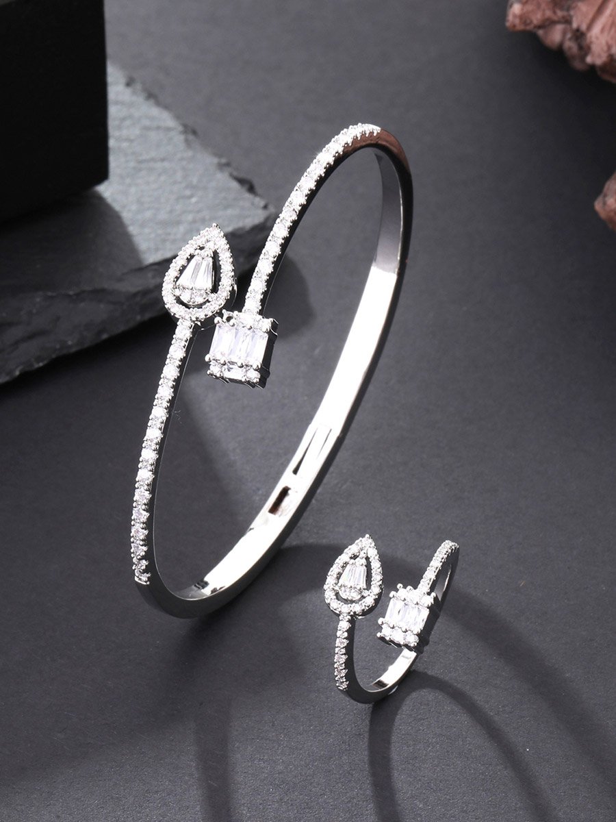 Silver Zircon Waterdrop and Square Diamond Open Bracelet and Ring Set