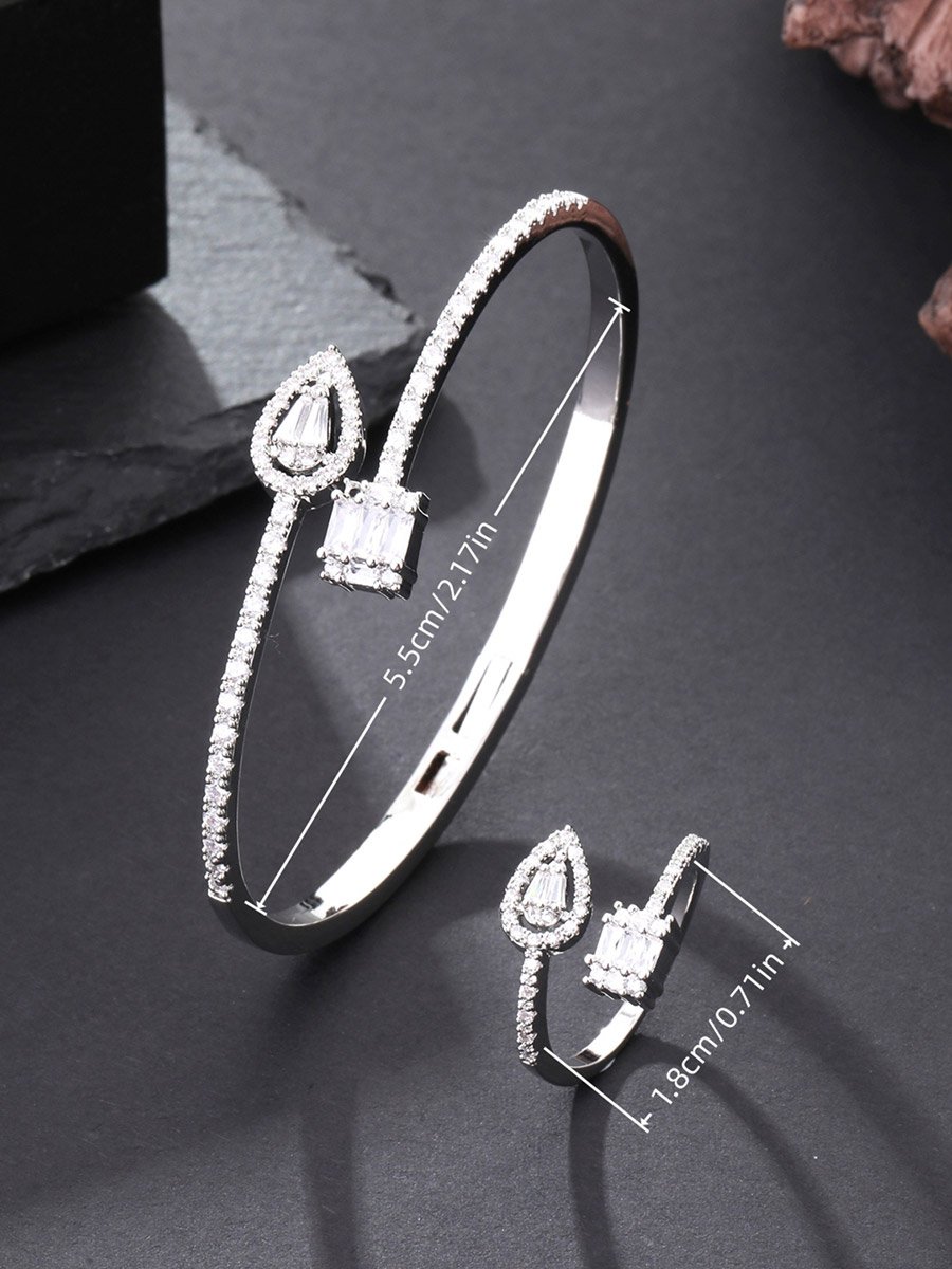 Silver Zircon Waterdrop and Square Diamond Open Bracelet and Ring Set