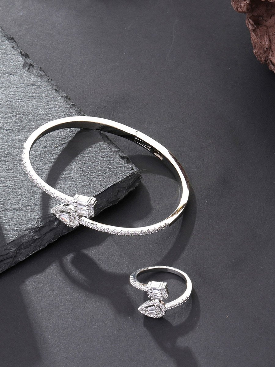 Silver Zircon Waterdrop and Square Diamond Open Bracelet and Ring Set