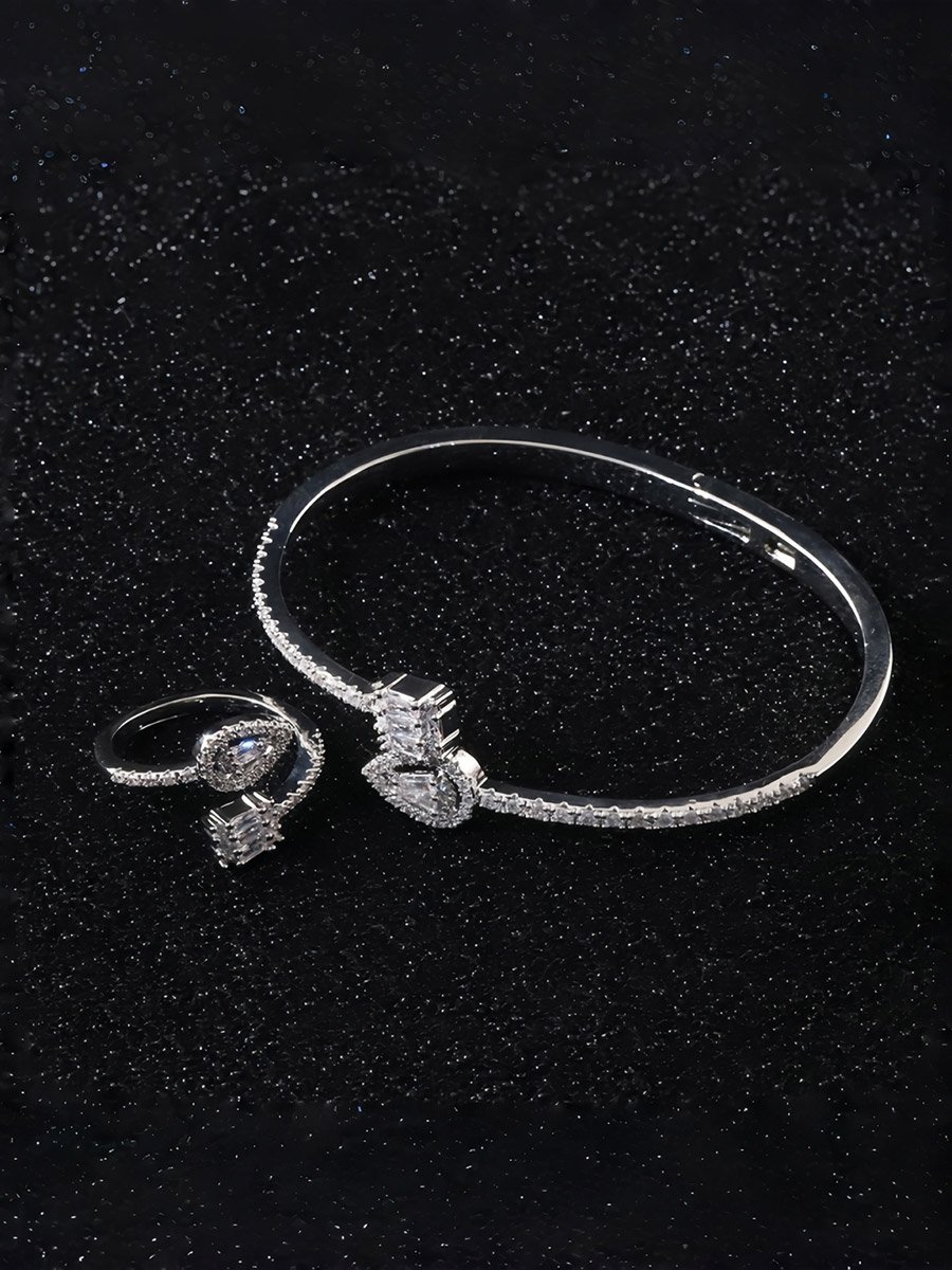 Silver Zircon Waterdrop and Square Diamond Open Bracelet and Ring Set