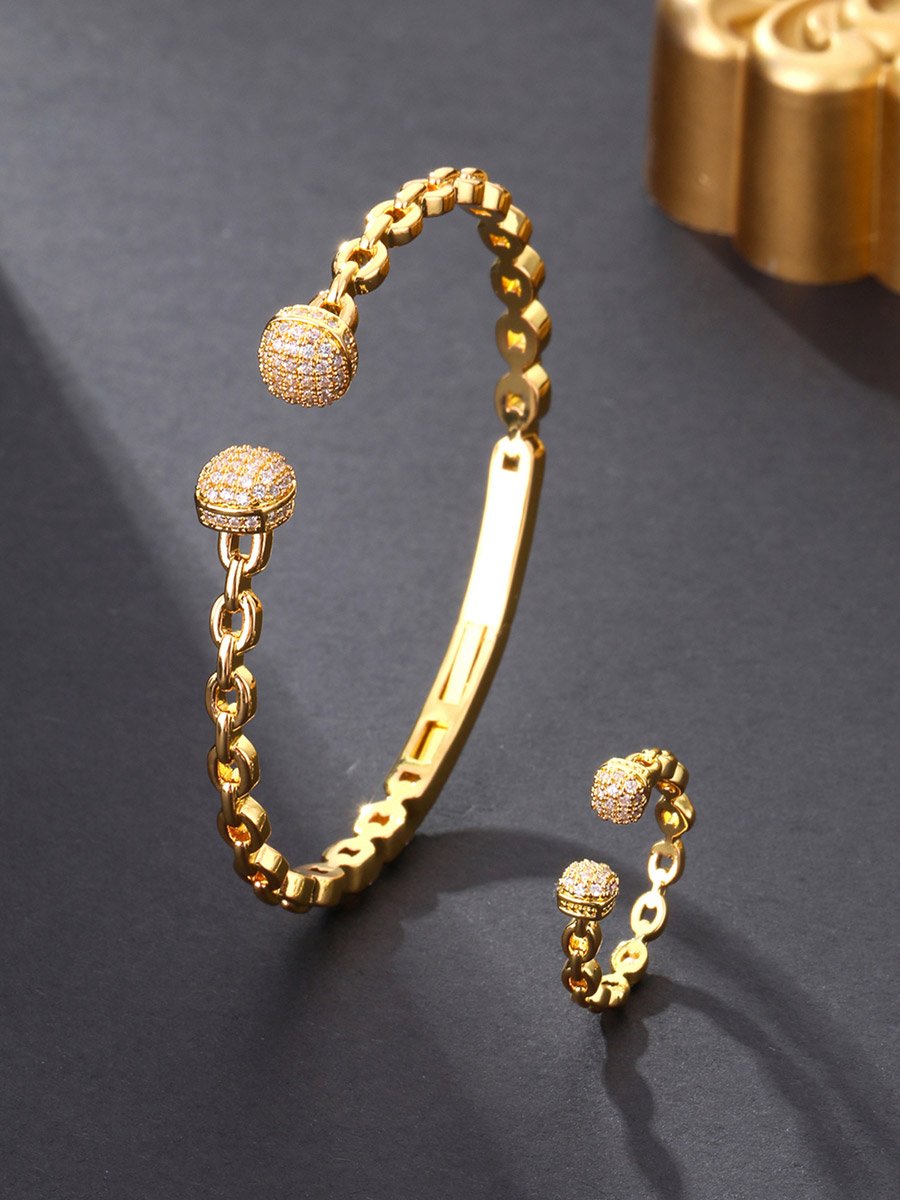 Gold Plated Zircon Ball Open Bracelet and Ring Set