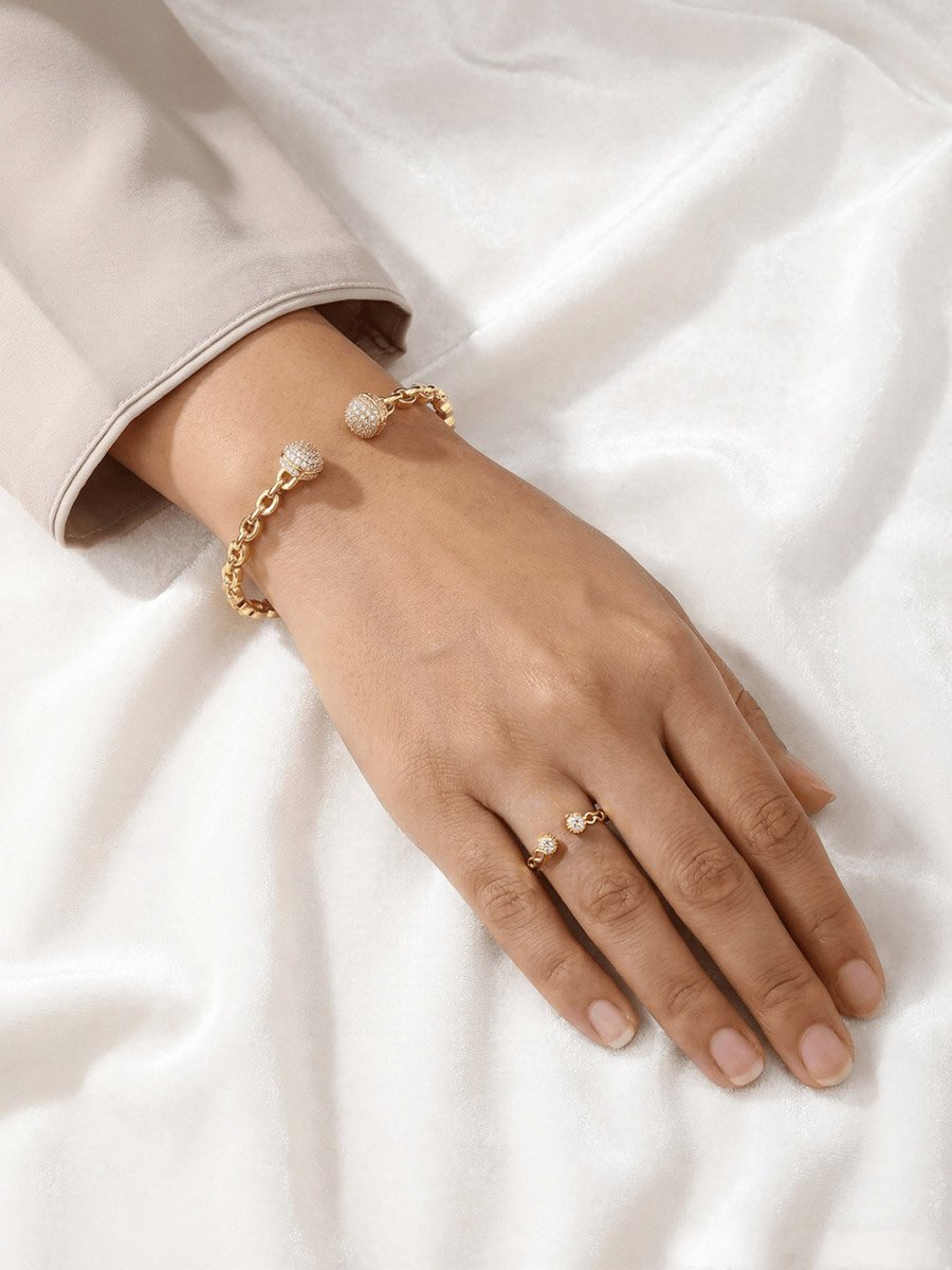 Gold Plated Zircon Ball Open Bracelet and Ring Set
