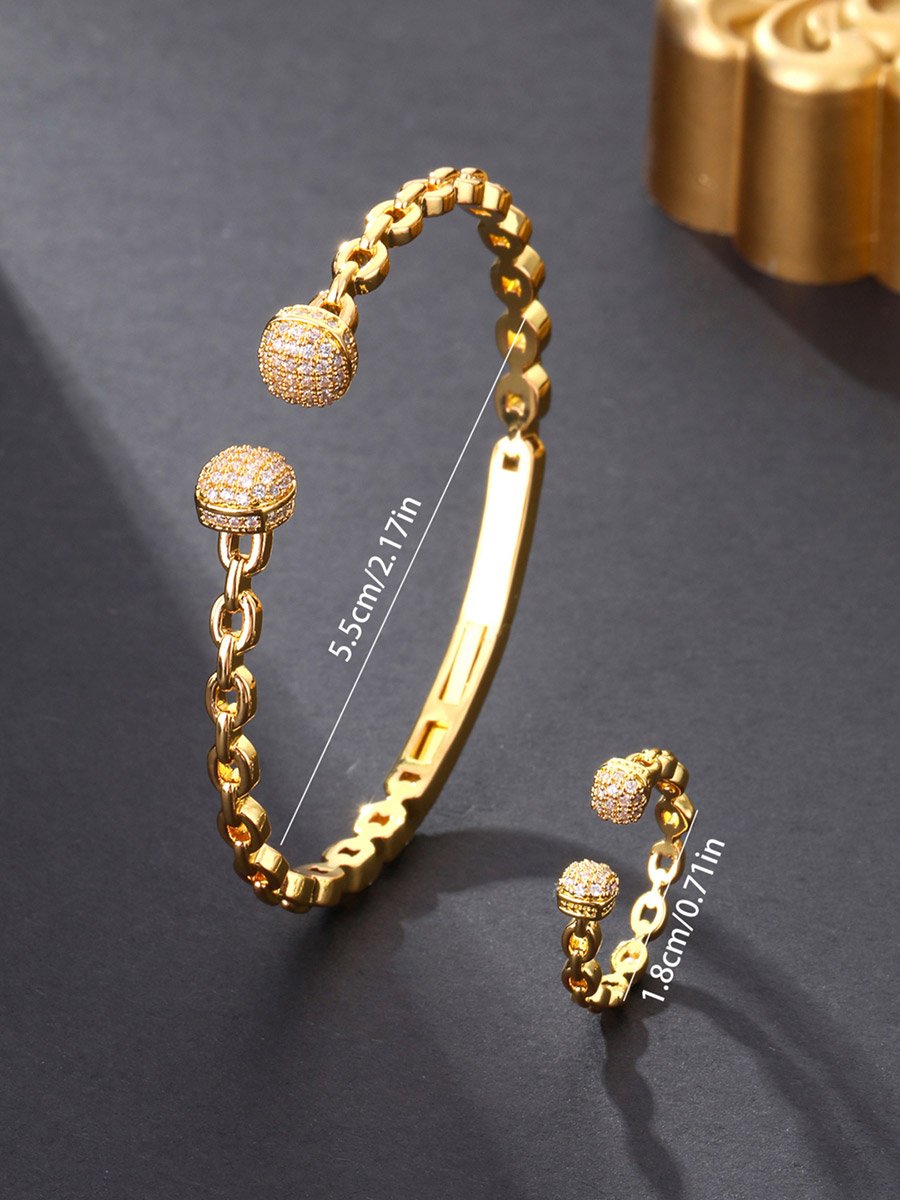 Gold Plated Zircon Ball Open Bracelet and Ring Set