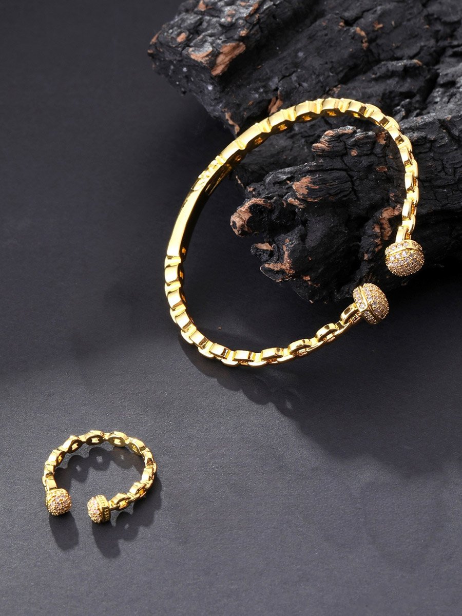 Gold Plated Zircon Ball Open Bracelet and Ring Set