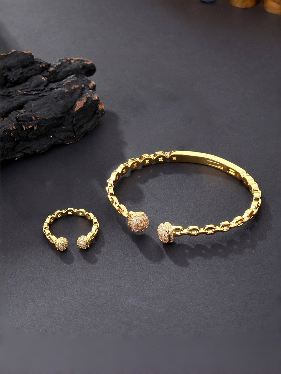 Gold Plated Zircon Ball Open Bracelet and Ring Set
