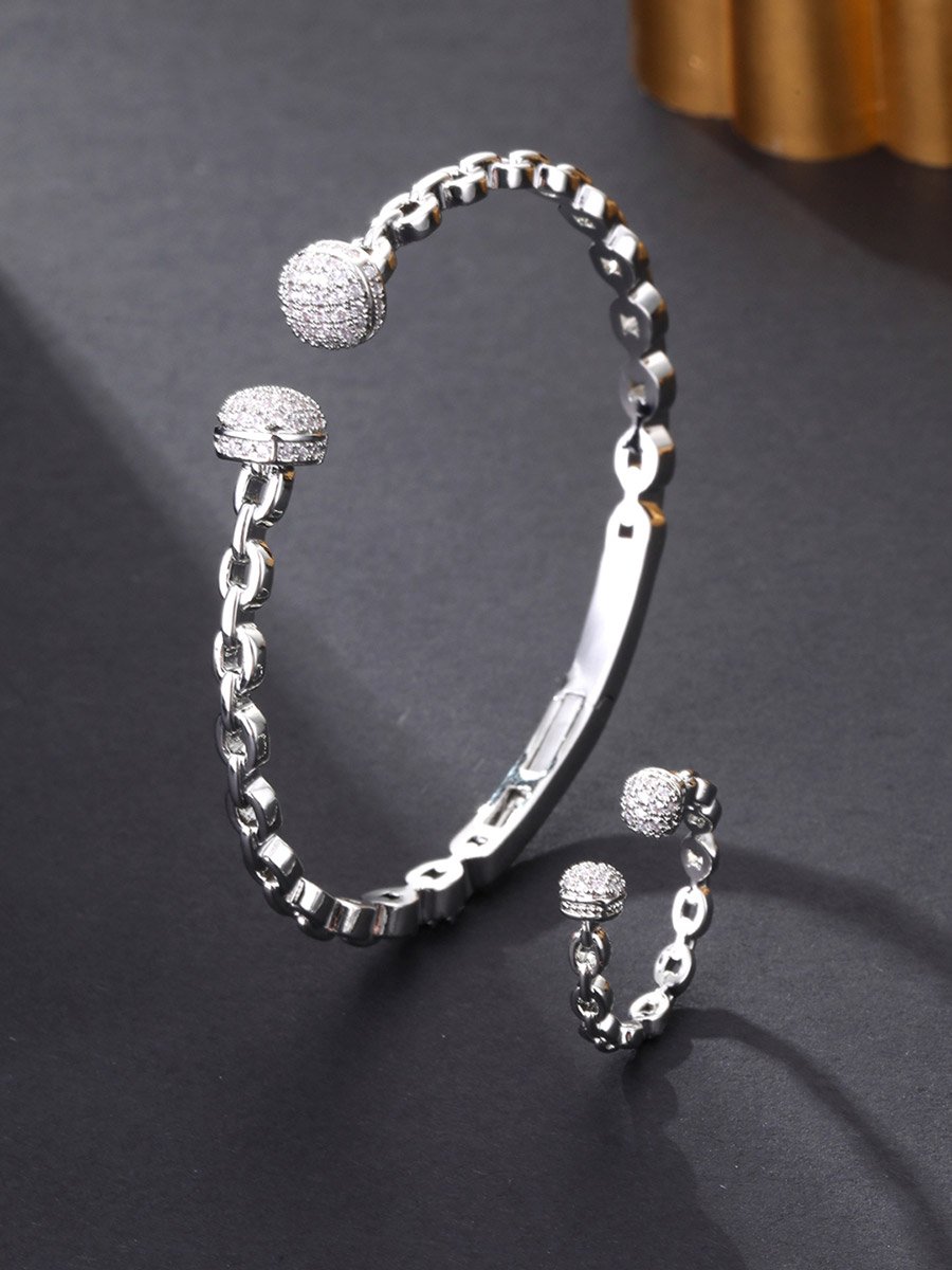Silver Zircon Open Bracelet and Ring Set