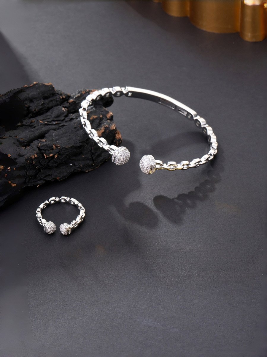 Silver Zircon Open Bracelet and Ring Set