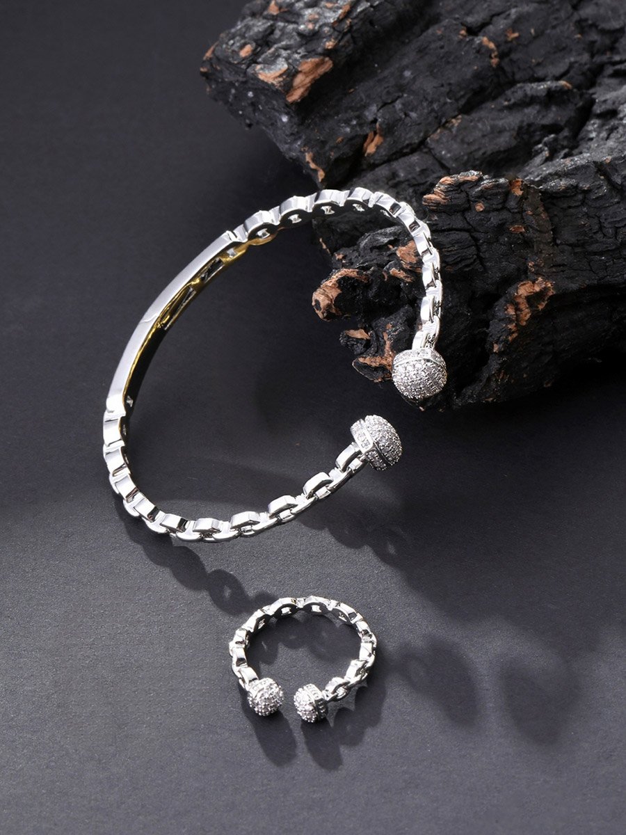 Silver Zircon Open Bracelet and Ring Set