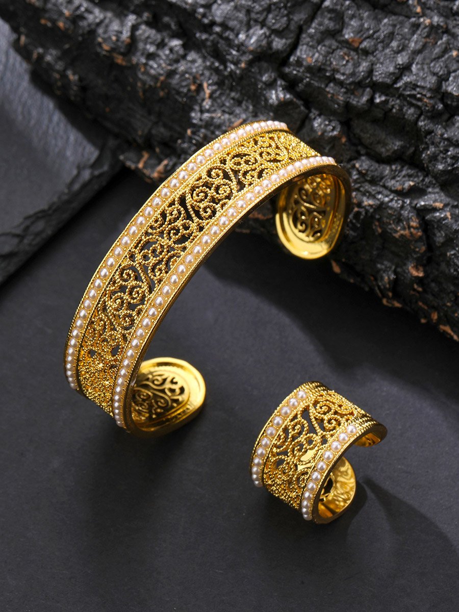 Golden Filigree Pearl Cuff and Ring Set