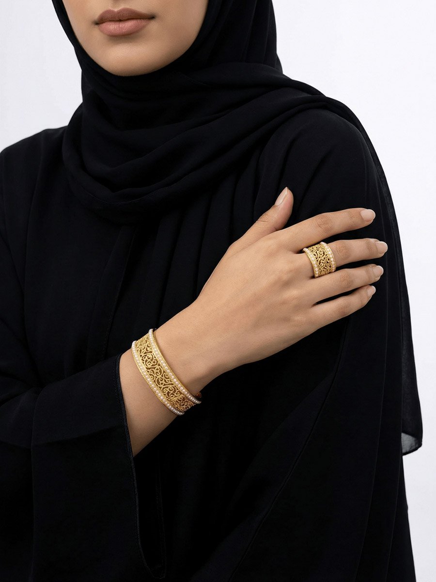 Golden Filigree Pearl Cuff and Ring Set
