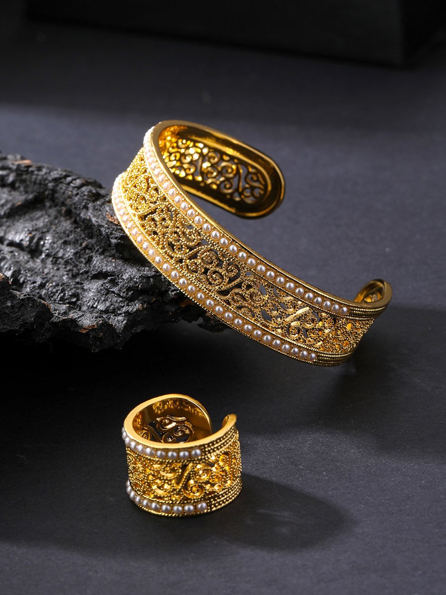 Golden Filigree Pearl Cuff and Ring Set