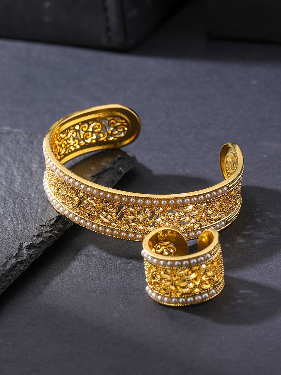 Golden Filigree Pearl Cuff and Ring Set