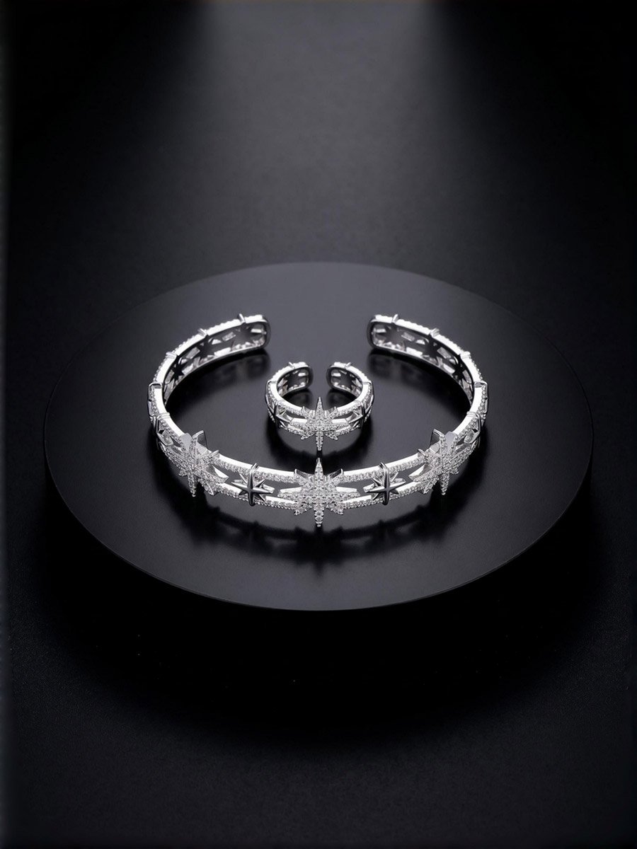Silver Star Zircon Open Cuff Bracelet and Ring Set