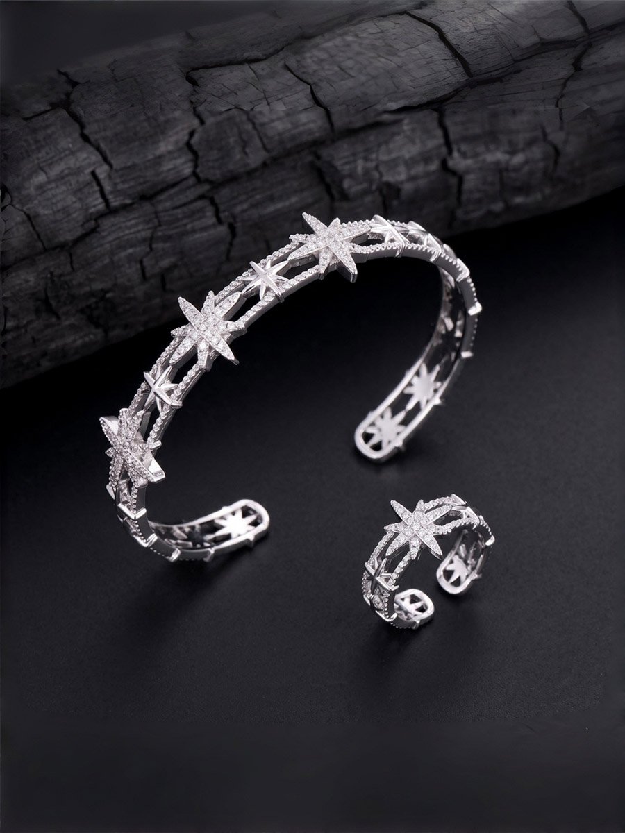 Silver Star Zircon Open Cuff Bracelet and Ring Set