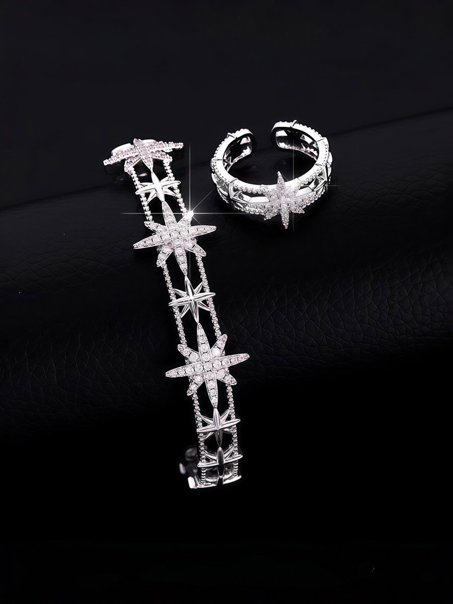Silver Star Zircon Open Cuff Bracelet and Ring Set