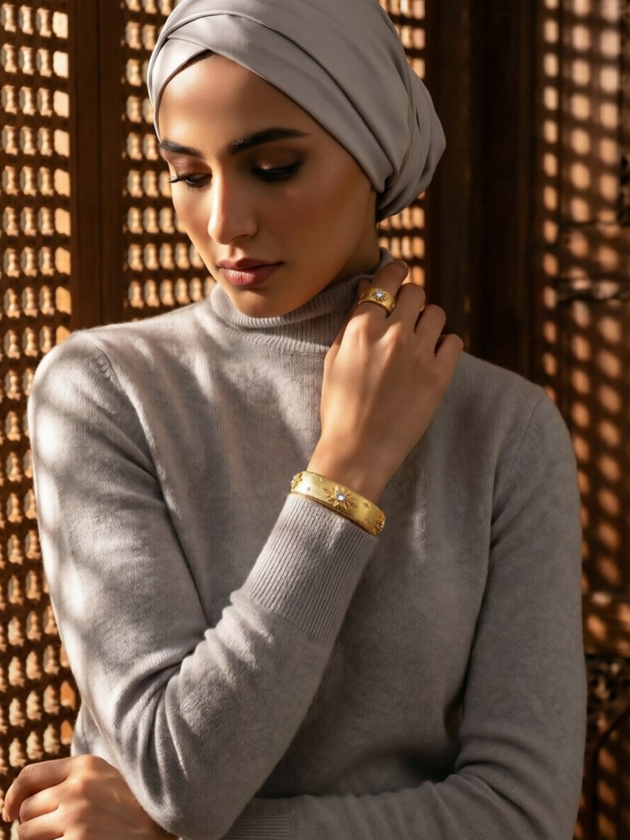 Gold-Plated Zircon Star Bangle and Ring Set