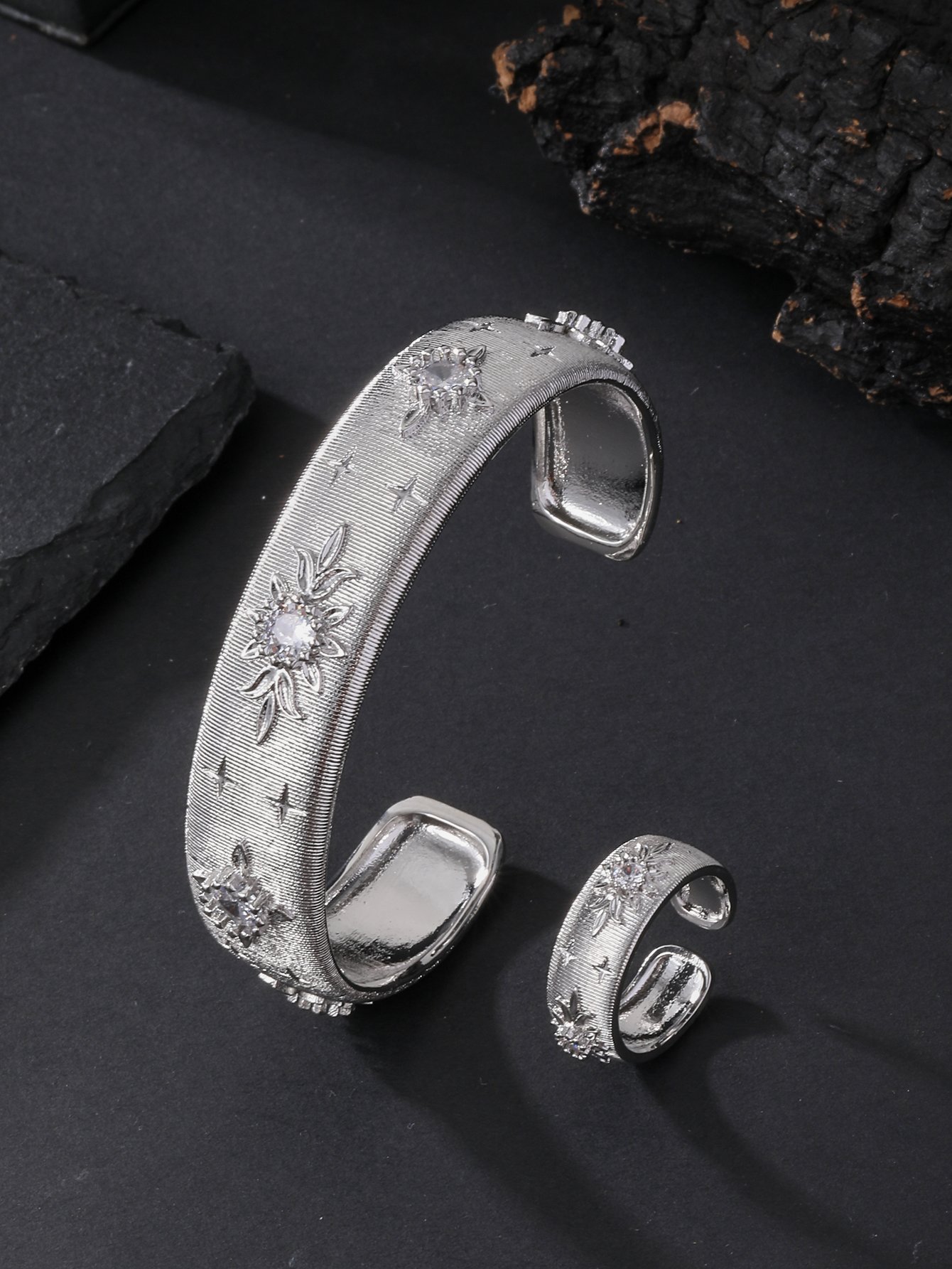 Silver Star and Zircon Open Bracelet and Ring Set - 2 Pc