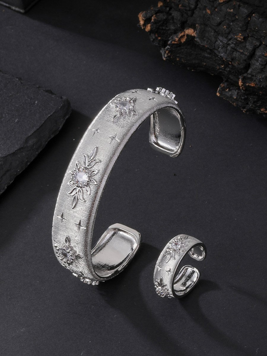Silver Star and Zircon Open Bracelet and Ring Set - 2 Pc