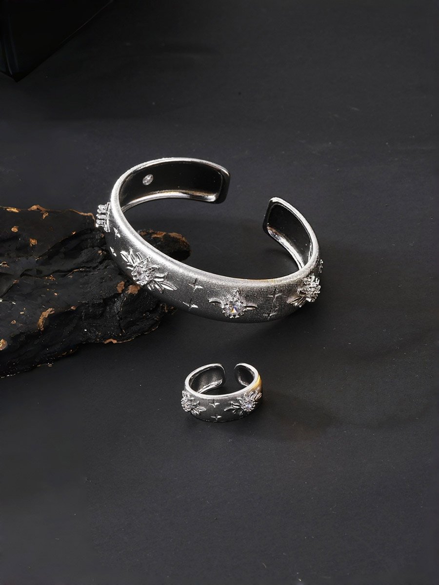 Silver Star and Zircon Open Bracelet and Ring Set - 2 Pc