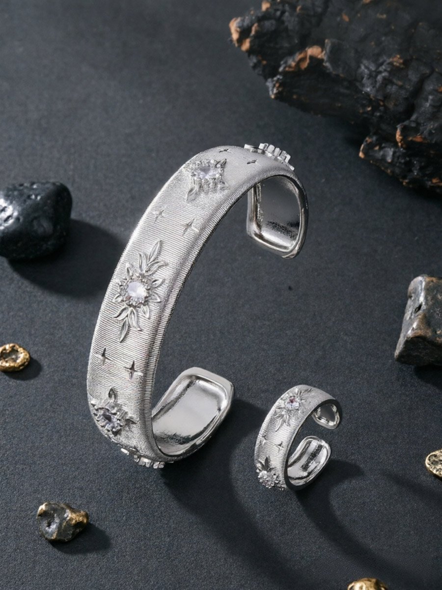 Silver Star and Zircon Open Bracelet and Ring Set - 2 Pc