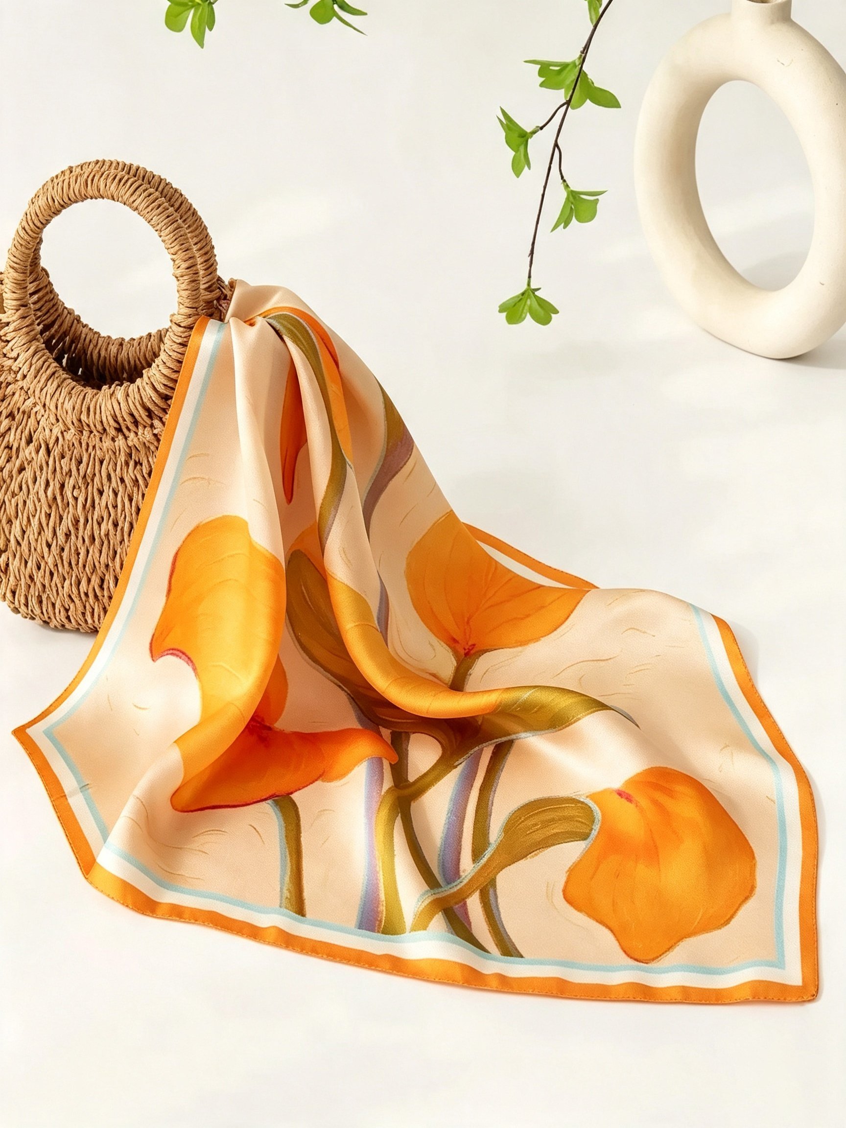 Orange Floral Silk Square Scarf