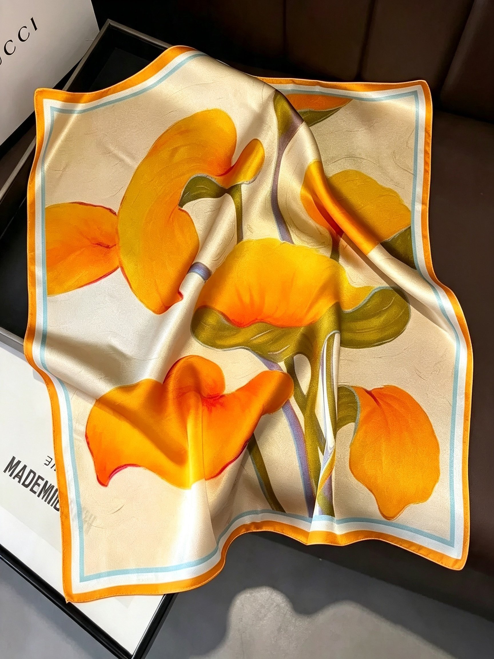 Orange Floral Silk Square Scarf