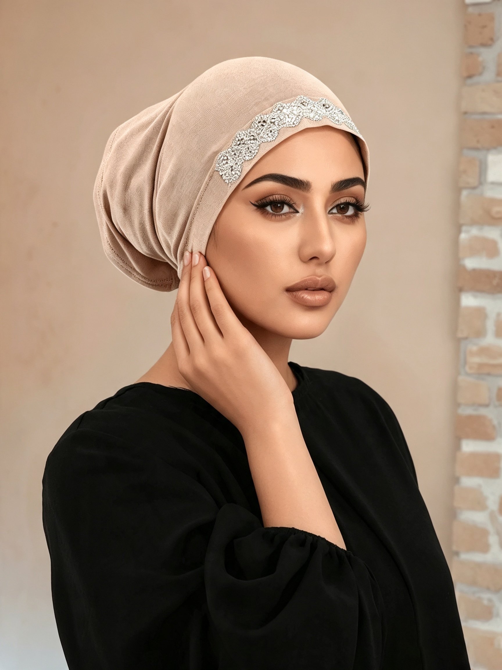 Embellished Beige Turban Hijab