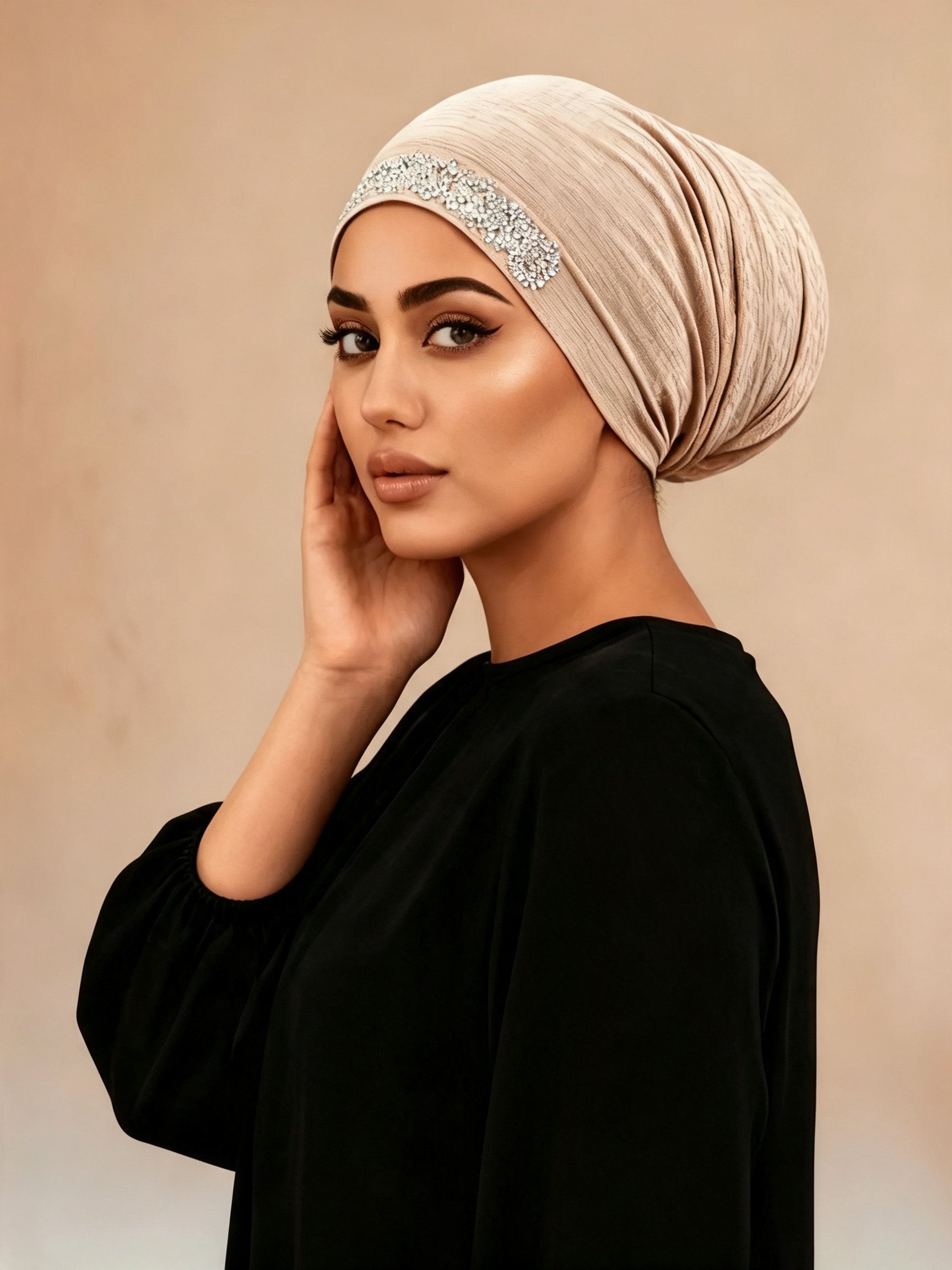Embellished Beige Turban Hijab