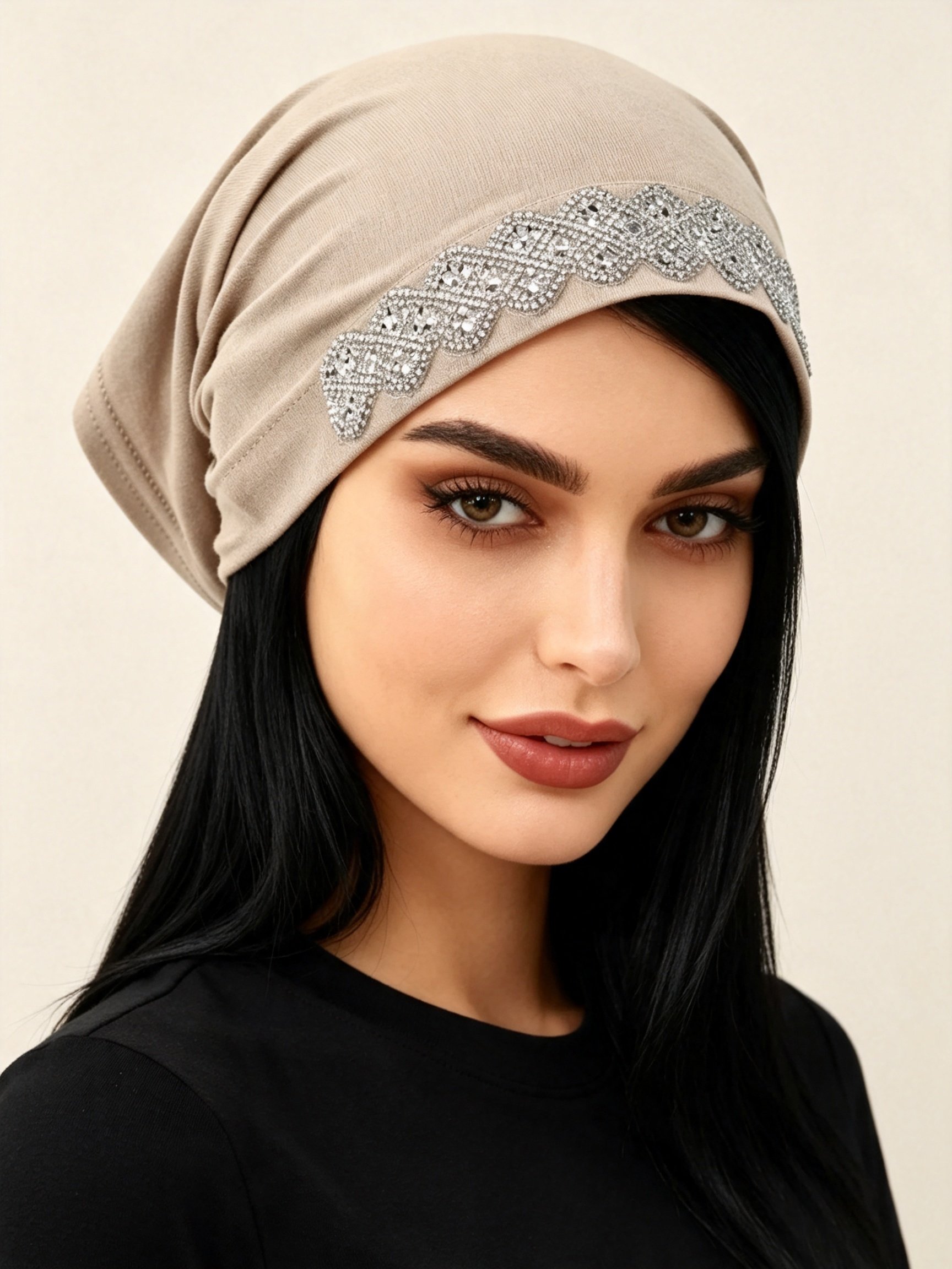Embellished Beige Turban Hijab