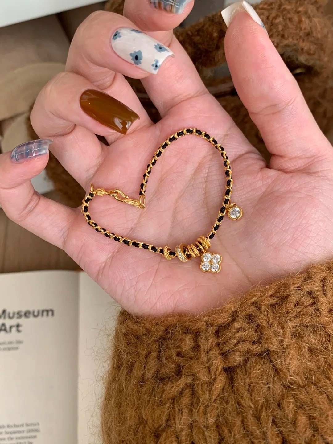 Gold Four-Leaf Clover Rhinestone Woven Bracelet