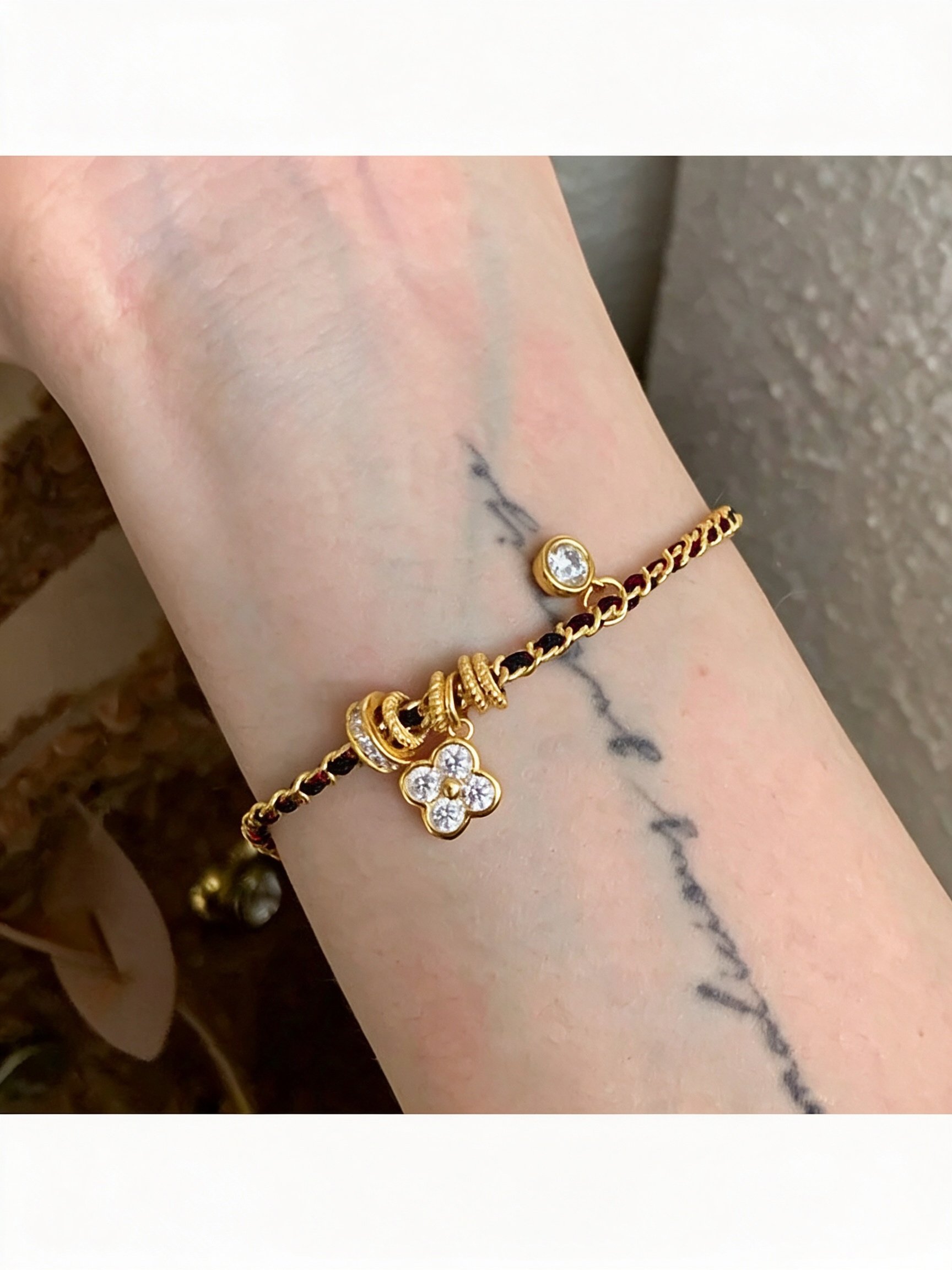 Gold Four-Leaf Clover Rhinestone Woven Bracelet