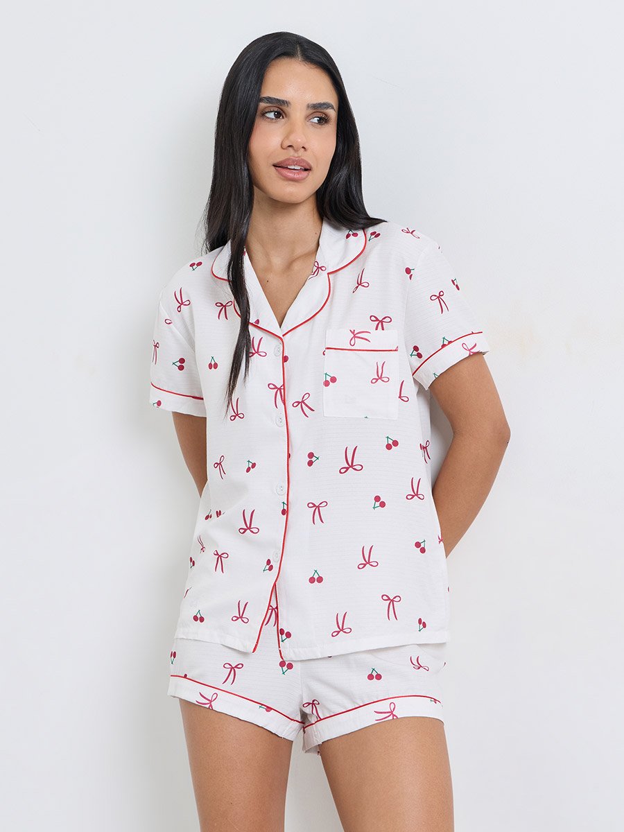 White Bow Cherry Print Piped Pocket Shirt and Shorts Set