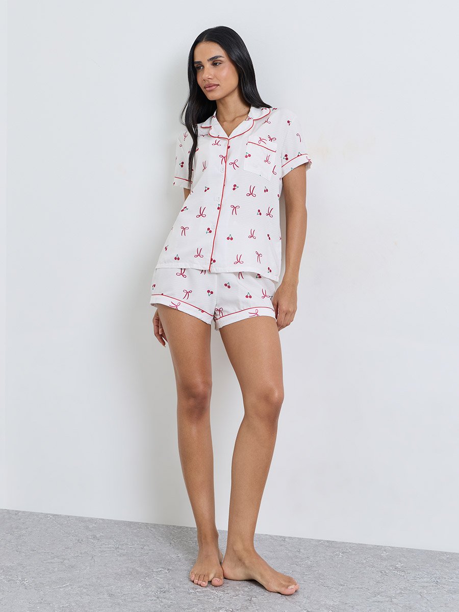White Bow Cherry Print Piped Pocket Shirt and Shorts Set