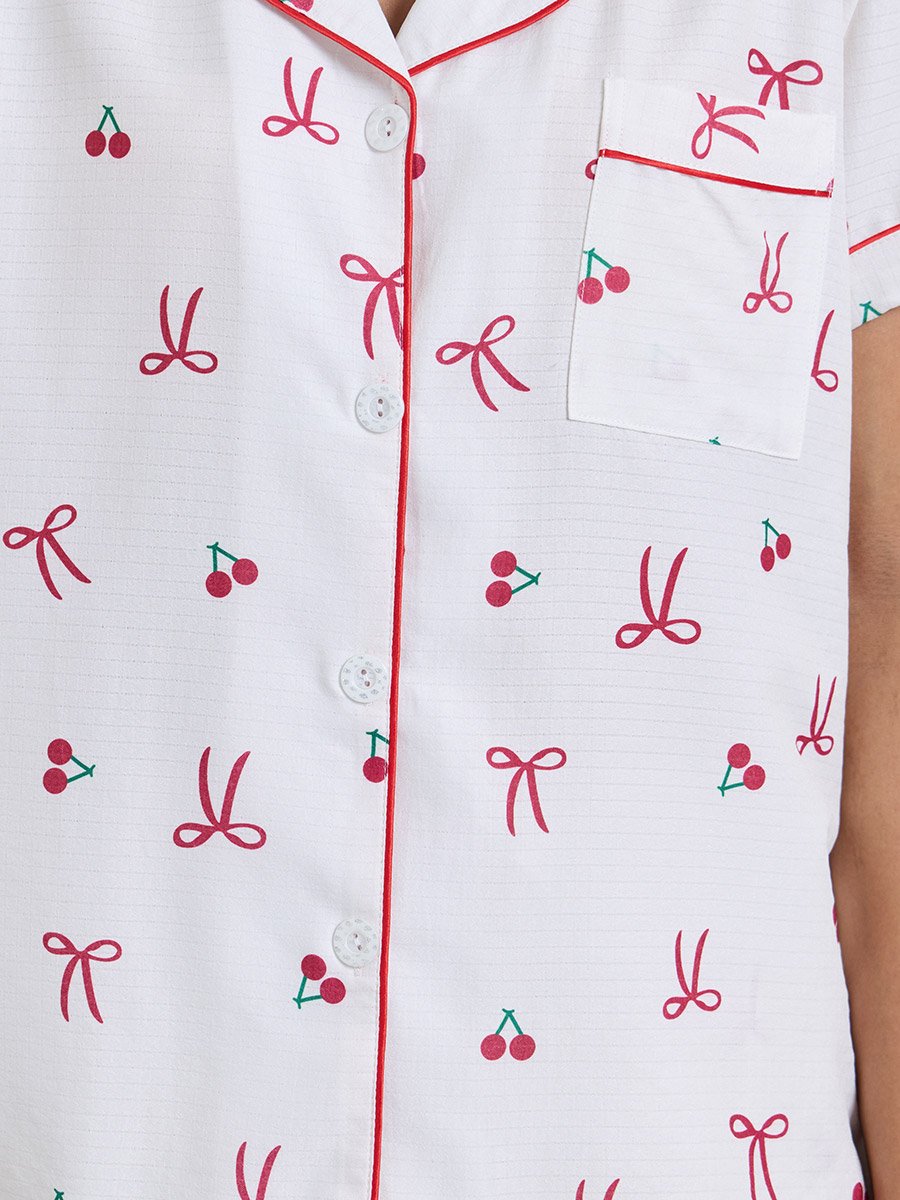 White Bow Cherry Print Piped Pocket Shirt and Shorts Set