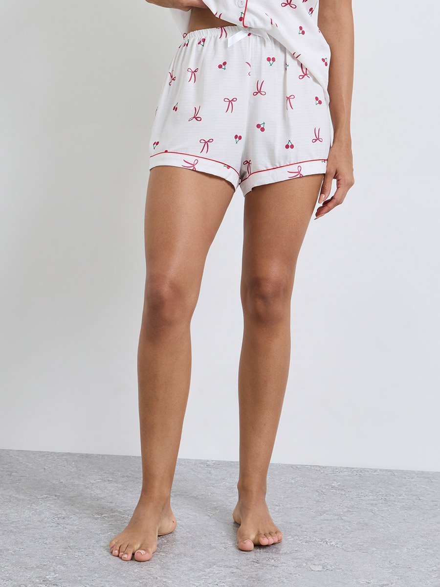 White Bow Cherry Print Piped Pocket Shirt and Shorts Set