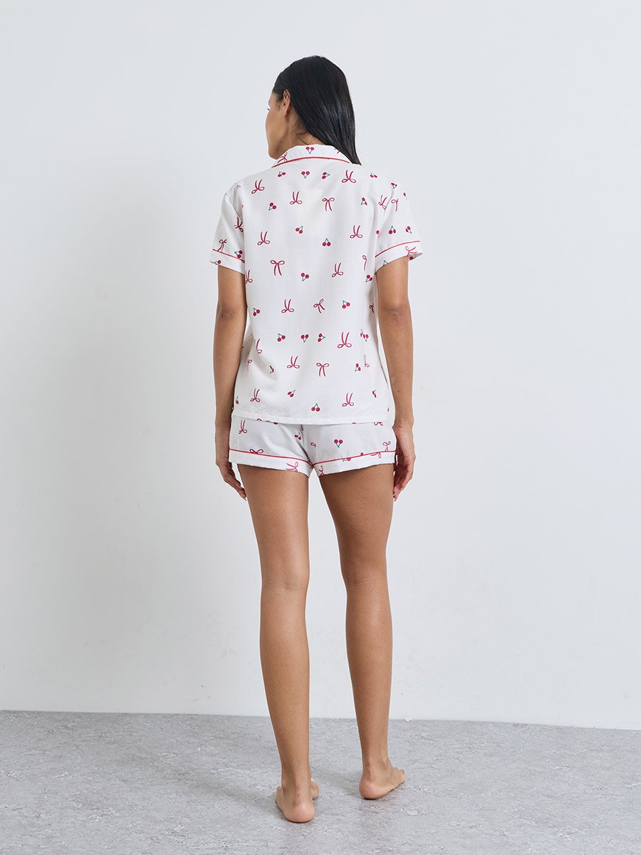 White Bow Cherry Print Piped Pocket Shirt and Shorts Set