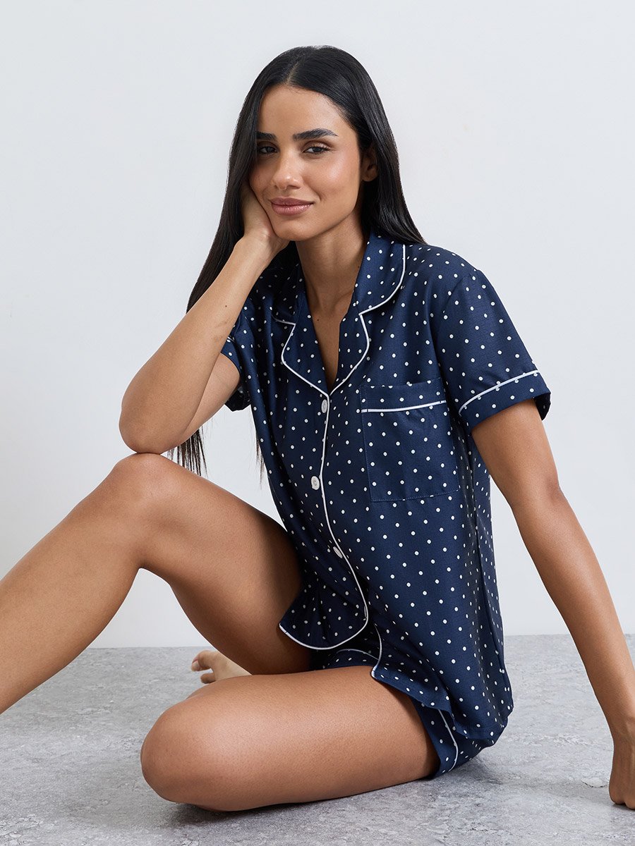 Navy Blue Polka Dot Print Piped Pocket Shirt and Shorts Set