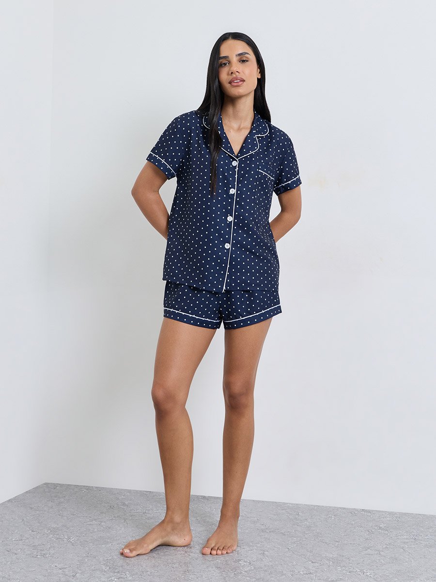 Navy Blue Polka Dot Print Piped Pocket Shirt and Shorts Set