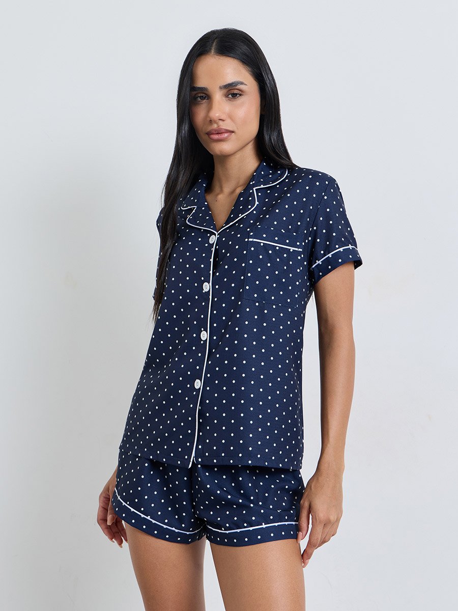 Navy Blue Polka Dot Print Piped Pocket Shirt and Shorts Set