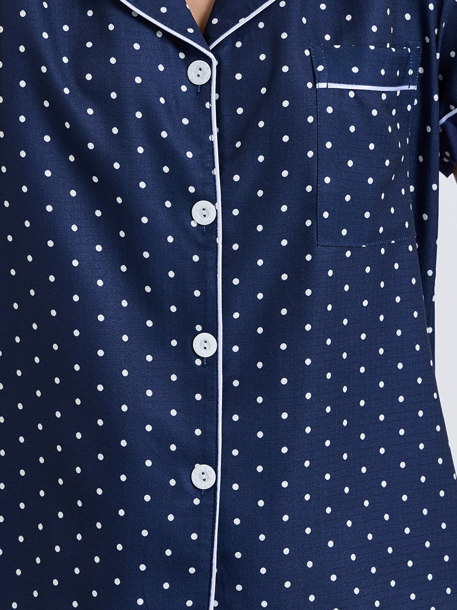 Navy Blue Polka Dot Print Piped Pocket Shirt and Shorts Set
